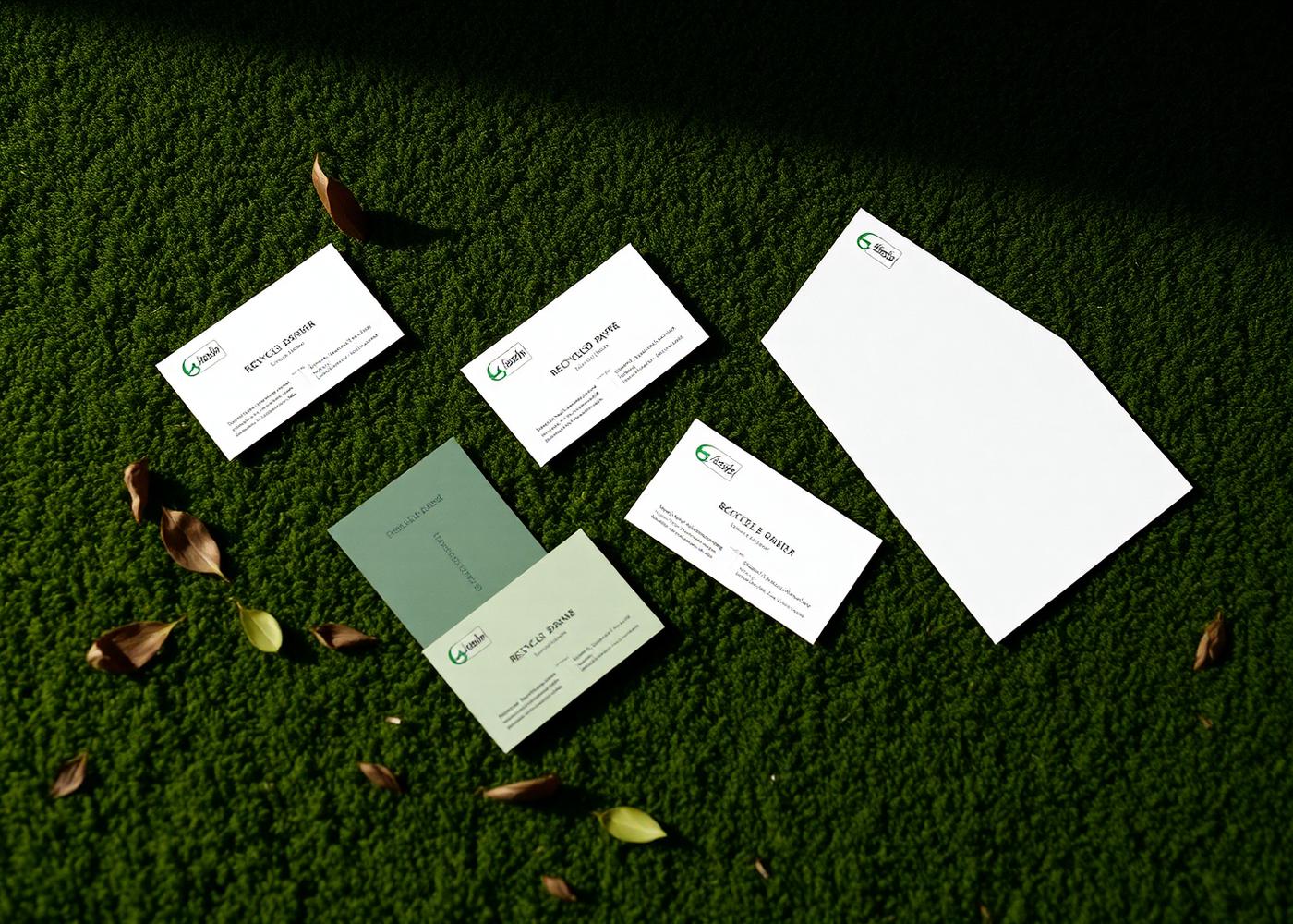 Recycled paper stationery on a moss-green surface