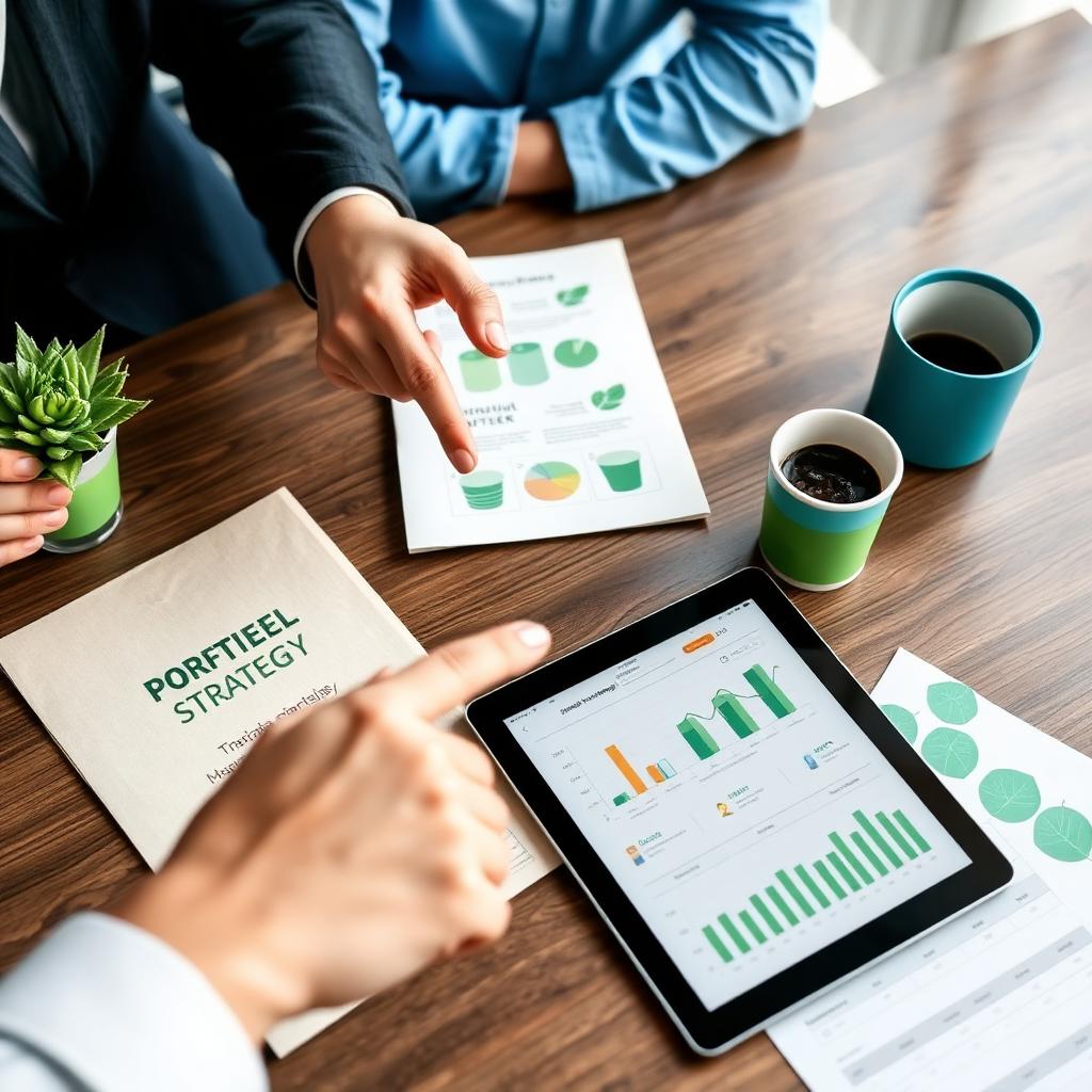 Hands reviewing eco-friendly brand strategy documents